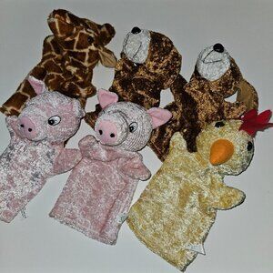 6 Plush Hand Puppet Lot 2 Puppy Dogs 2 Pigs Giraffe Rooster Chicken Dollar Tree